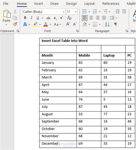 how to paste excel table into word without formatting