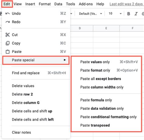 how to paste special in google sheets