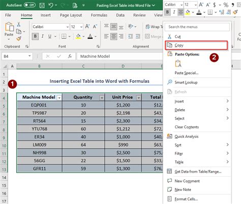 how to paste table data from excel to word