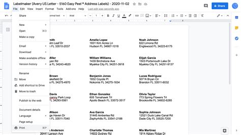how to print mailing labels from google sheets