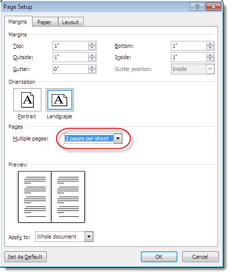 how to put 2 pages on one sheet in word