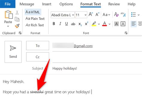 how to put a strike through text in outlook email