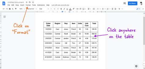 how to put a table next to text in google docs