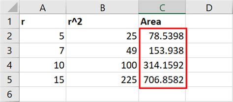 how to put area of circle in excel