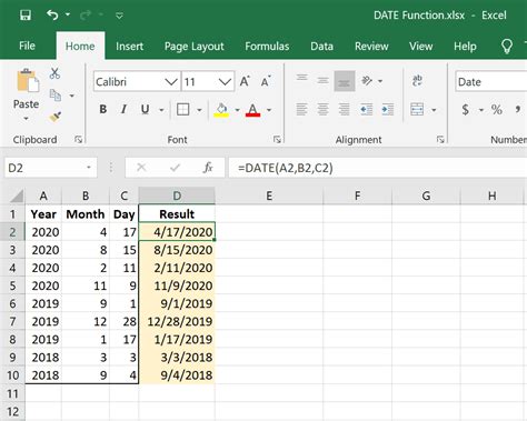 how to put date in excel formula
