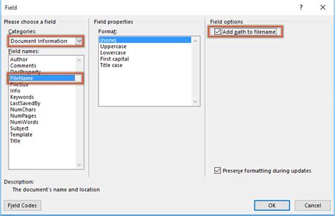 how to put file path in word footer