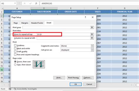 how to put first row on each page in excel