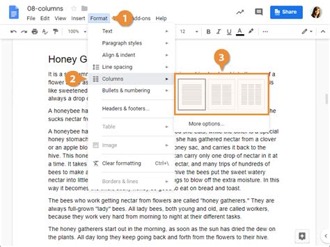 how to put google docs in columns