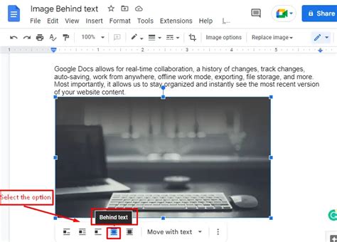 how to put image behind text in google docs