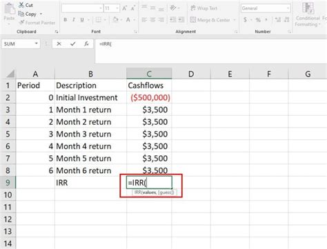 how to put irr formula in excel