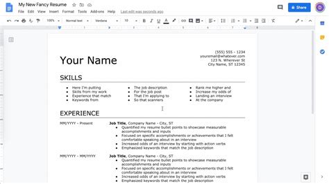 how to put line in resume in google docs