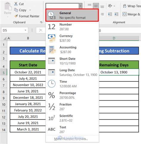 how to put remaining days in excel