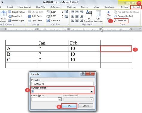 how to put sum formula in word table