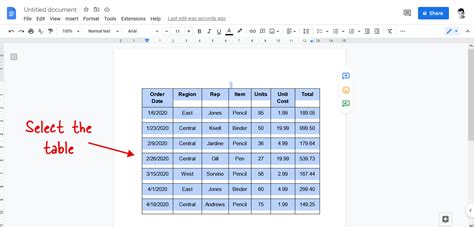 how to put text in a table google docs