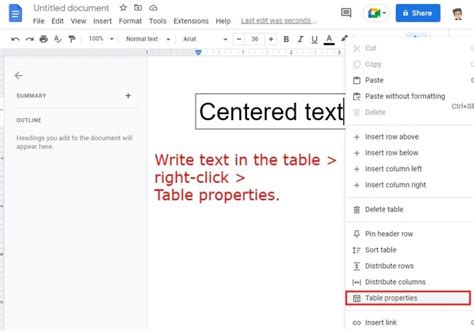 how to put text in middle of table google docs