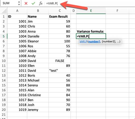 how to put variance formula in excel