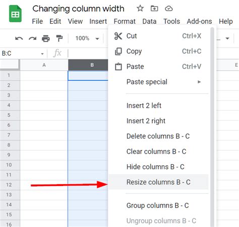 how to reduce column width in google sheets