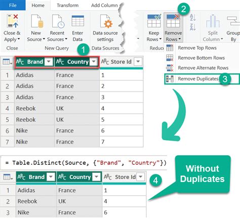 how to remove duplicates from multiple columns in power query