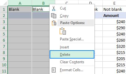 how to remove empty columns in excel chart