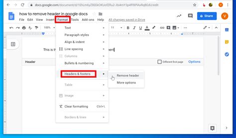 how to remove header on google docs app