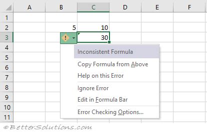 how to remove inconsistent formula error in excel
