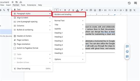 how to remove line on text in google docs