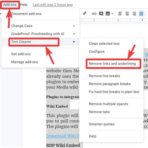 how to remove link in docs