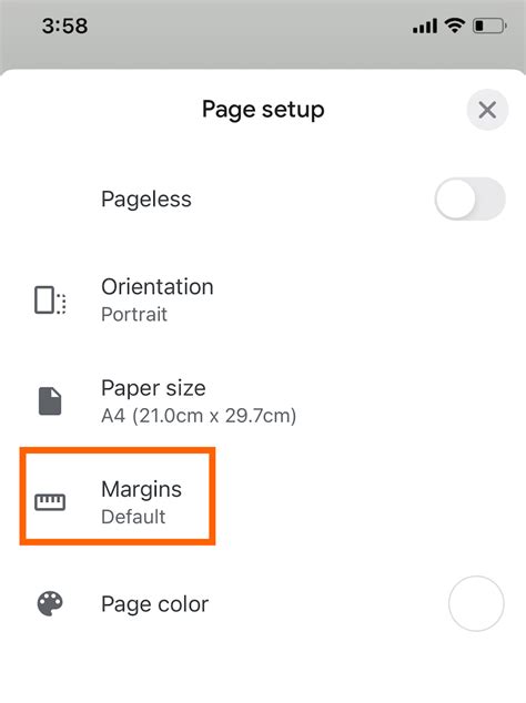 how to remove margins in google docs app
