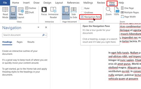 how to remove navigation pane in word