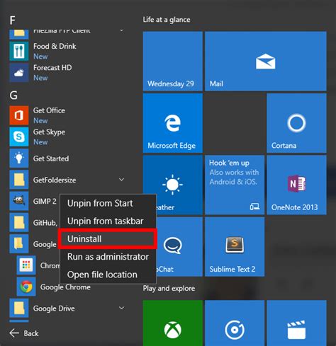 how to remove programs from windows 10 start menu