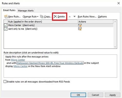 how to remove rules in microsoft outlook