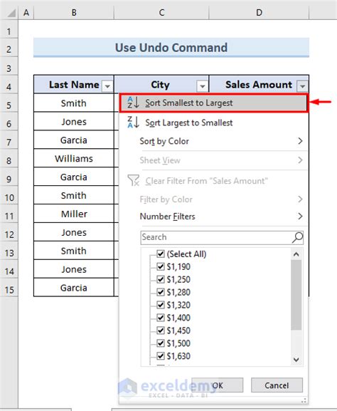 how to remove sort smallest to largest filter in excel