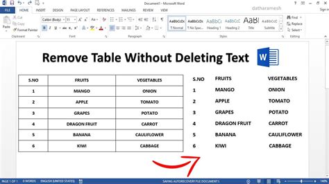 how to remove table without removing text in excel