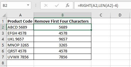 how to remove the first 4 numbers in excel