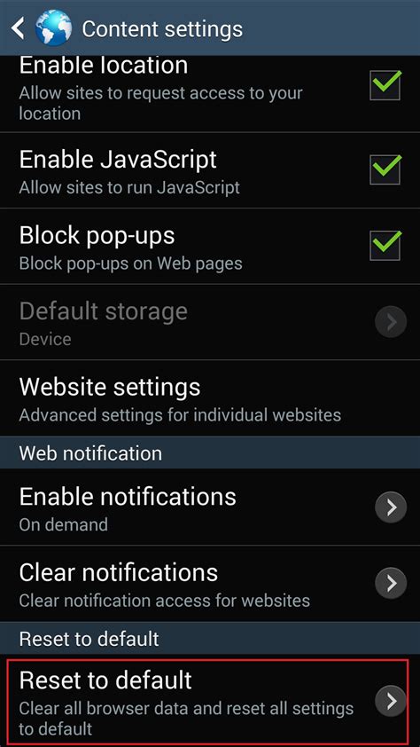 how to reset browser on android