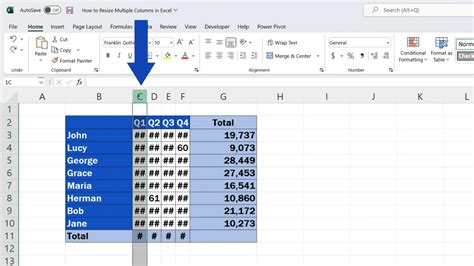 how to resize multiple column width in excel