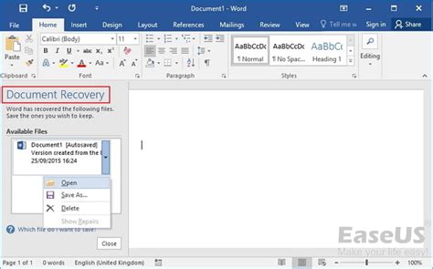 how to restore blank document in word