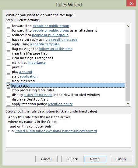 how to run a script in outlook rules