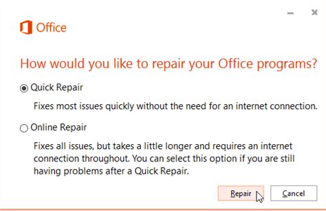 how to run office repair tool