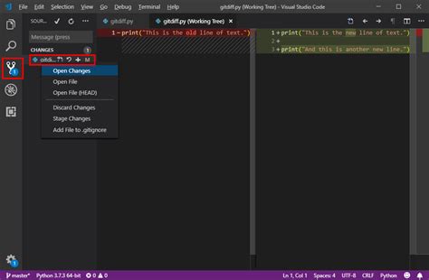 how to see diff in visual studio code