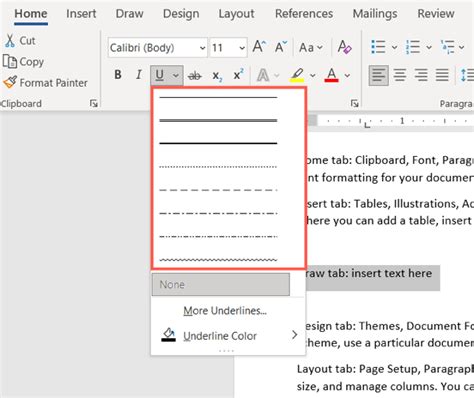 how to select all underlined text in word
