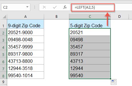 how to separate 9 digit zip code in excel