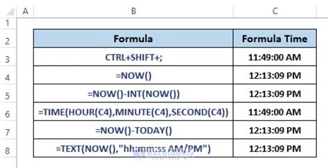 how to set current time formula in excel