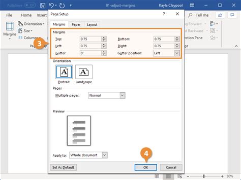 how to set custom top margin in word