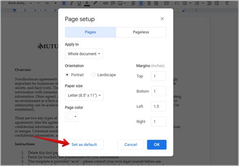 how to set defaults in google docs