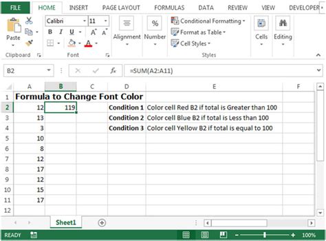 how to set font color in excel formula