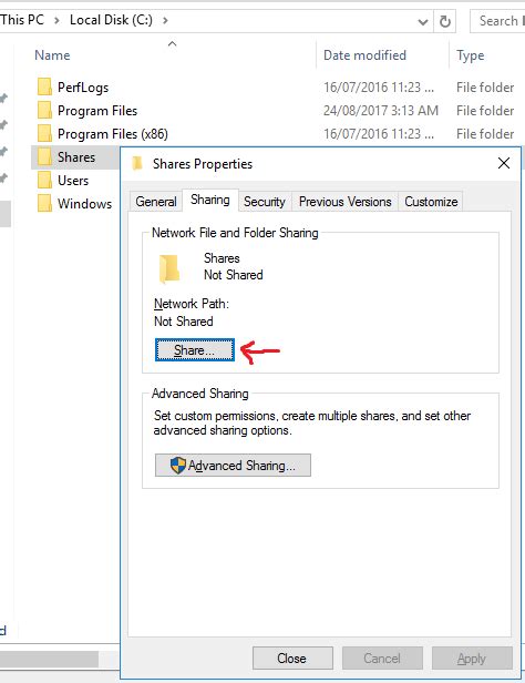 how to set permissions on a shared folder in windows server 2016