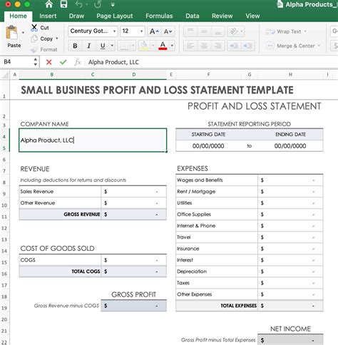 how to set up a profit and loss statement in excel