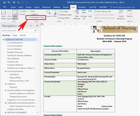 how to set up navigation in word