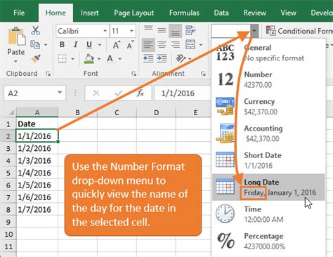 how to show day name from date in excel